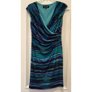 Black Label Evan Picone Dress Size 4 Blue Green Black Faux Wrap Cap Shoulder